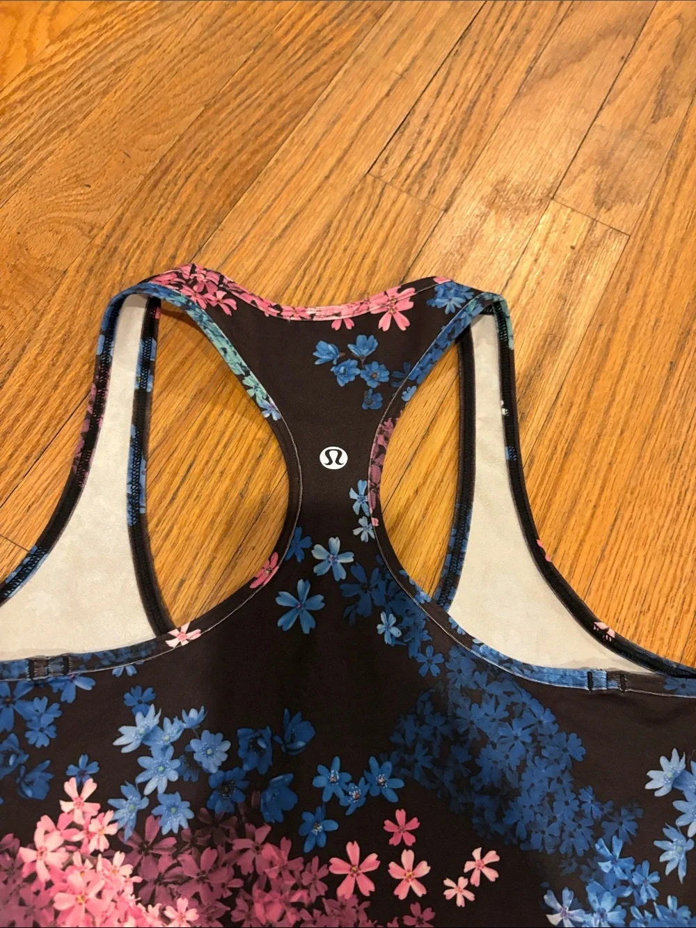 lululemon athletica Black Floral Racerback Tank with Blue, Pink, Mint Accents
